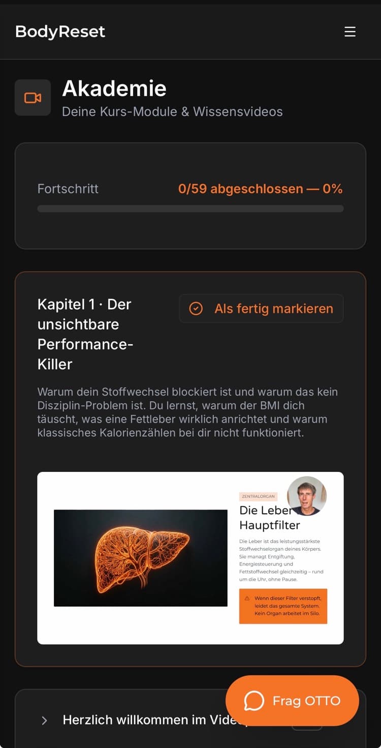 Akademie im BodyReset-Portal auf dem Handy mit Fortschrittsanzeige und Kapitel 1 zur Leber