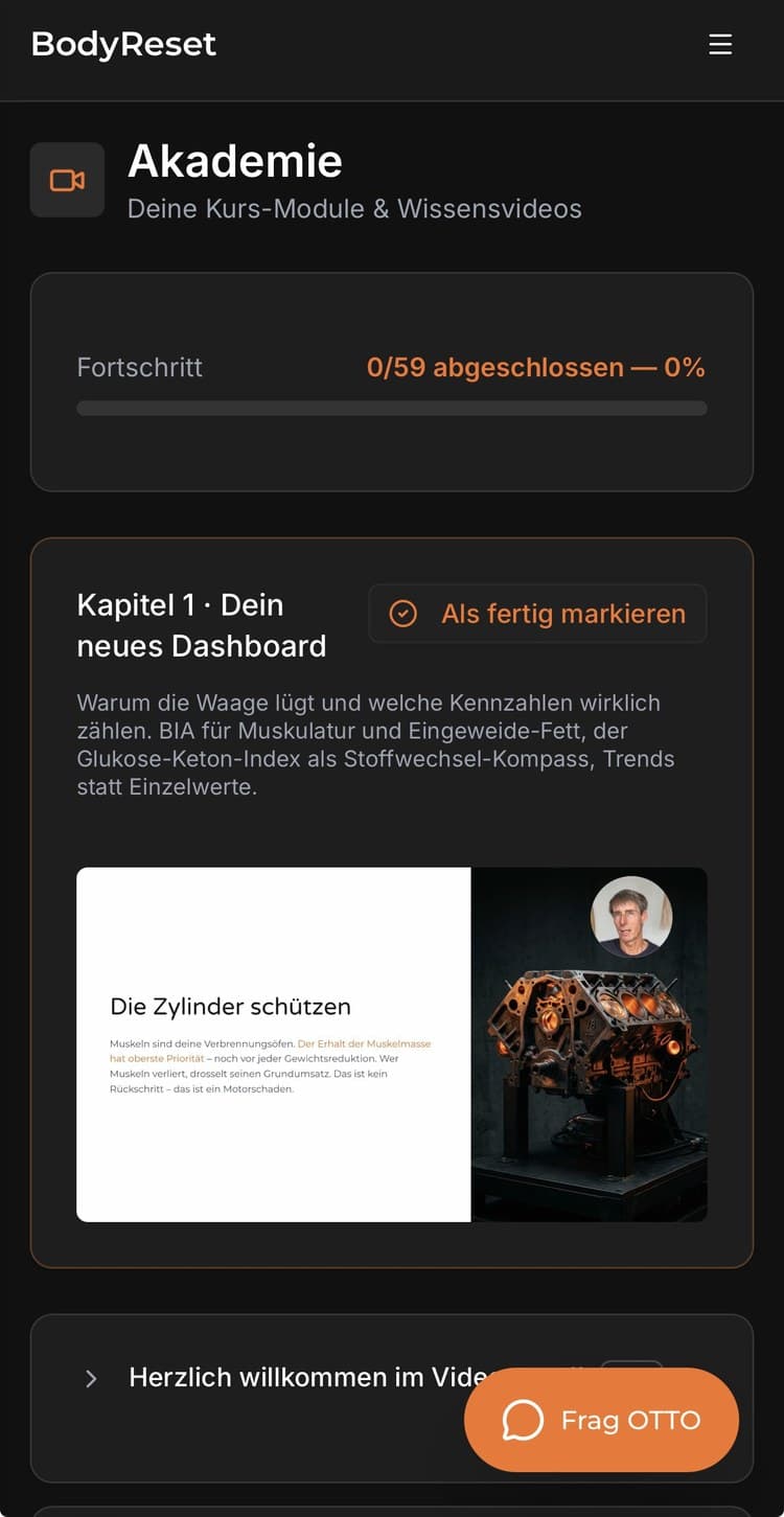 Modulübersicht der BodyReset-Akademie auf dem Handy
