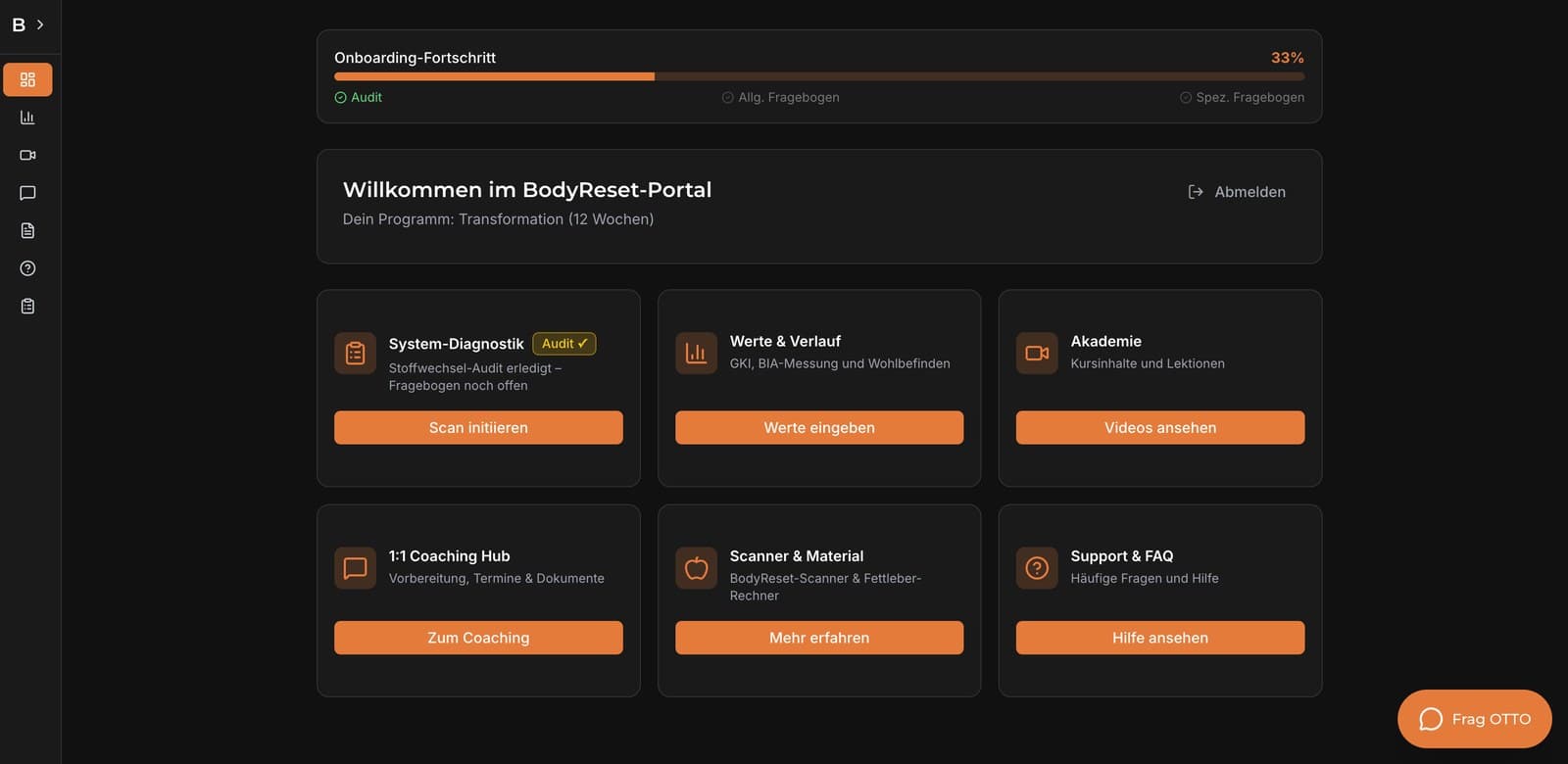 Startseite des BodyReset-Portals auf dem Rechner mit allen sechs Bereichen und OTTO