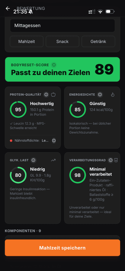 BodyReset Scanner, Bewertung einer Mahlzeit