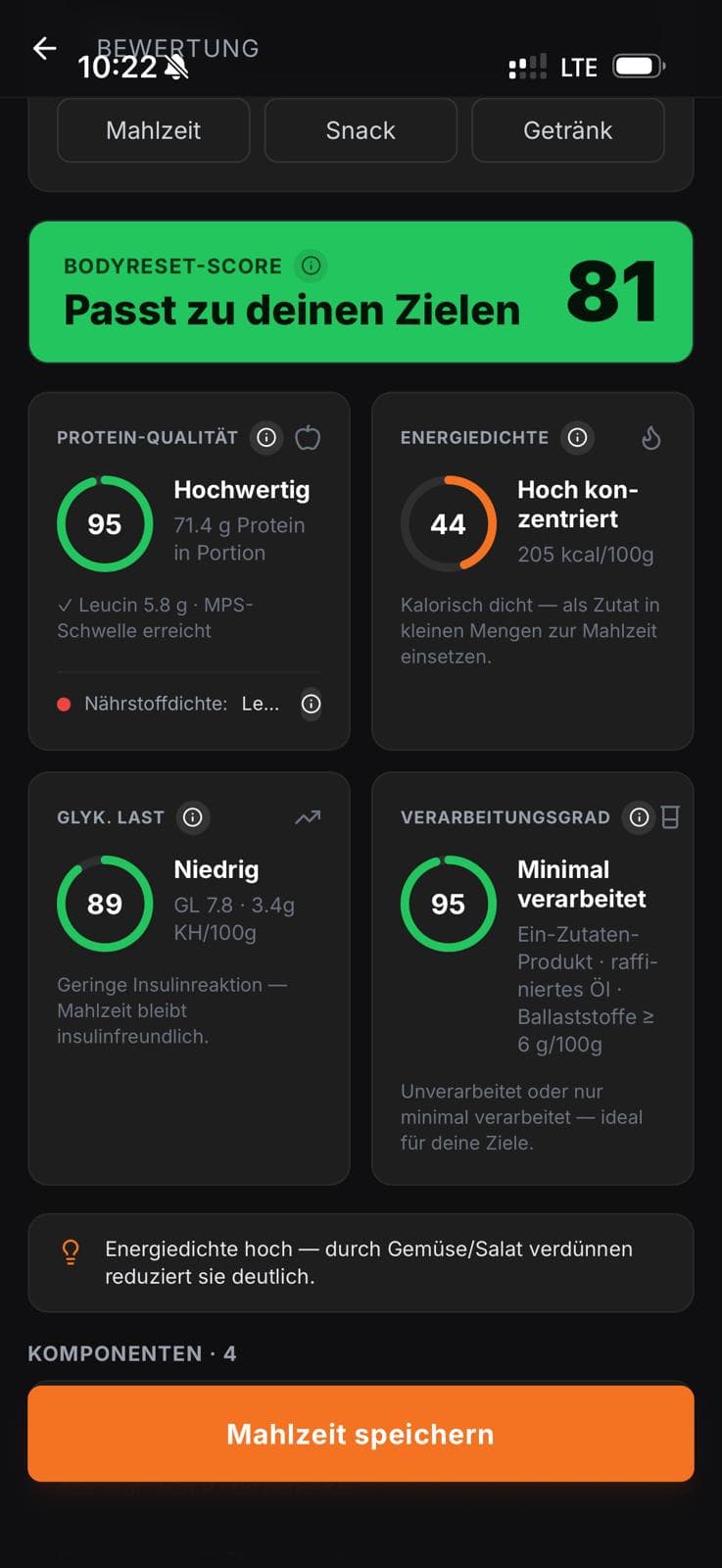 BodyReset Scanner App – Mahlzeiten-Bewertung